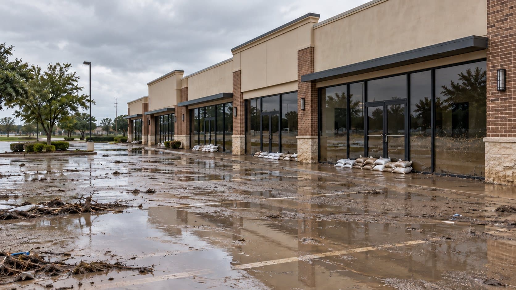 Strip-center parking lot covered in floodwater, mud and debris, with sandbags along the storefronts