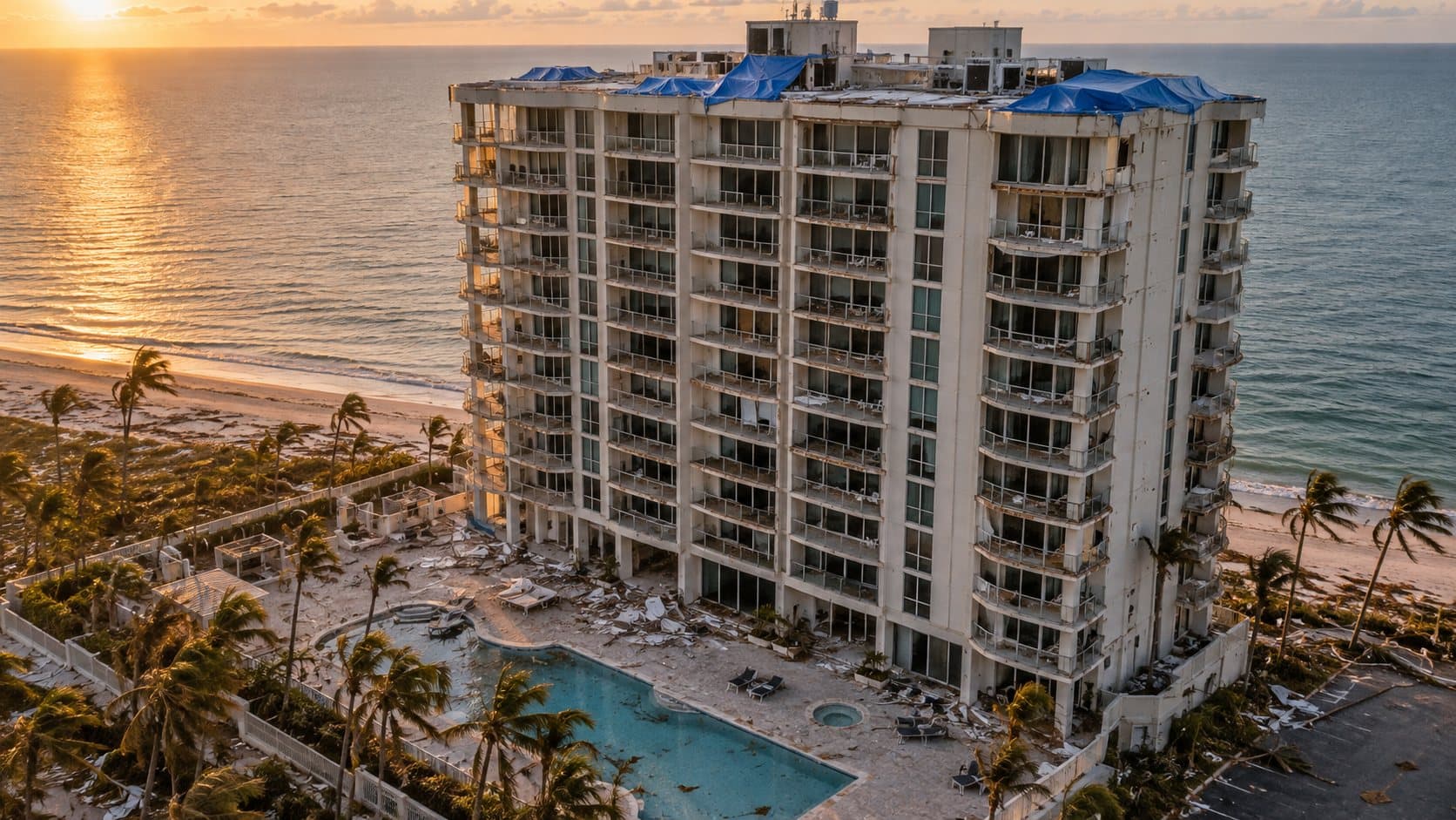 Beachfront condominium tower with blue tarps on the roof and debris around the pool after a hurricane