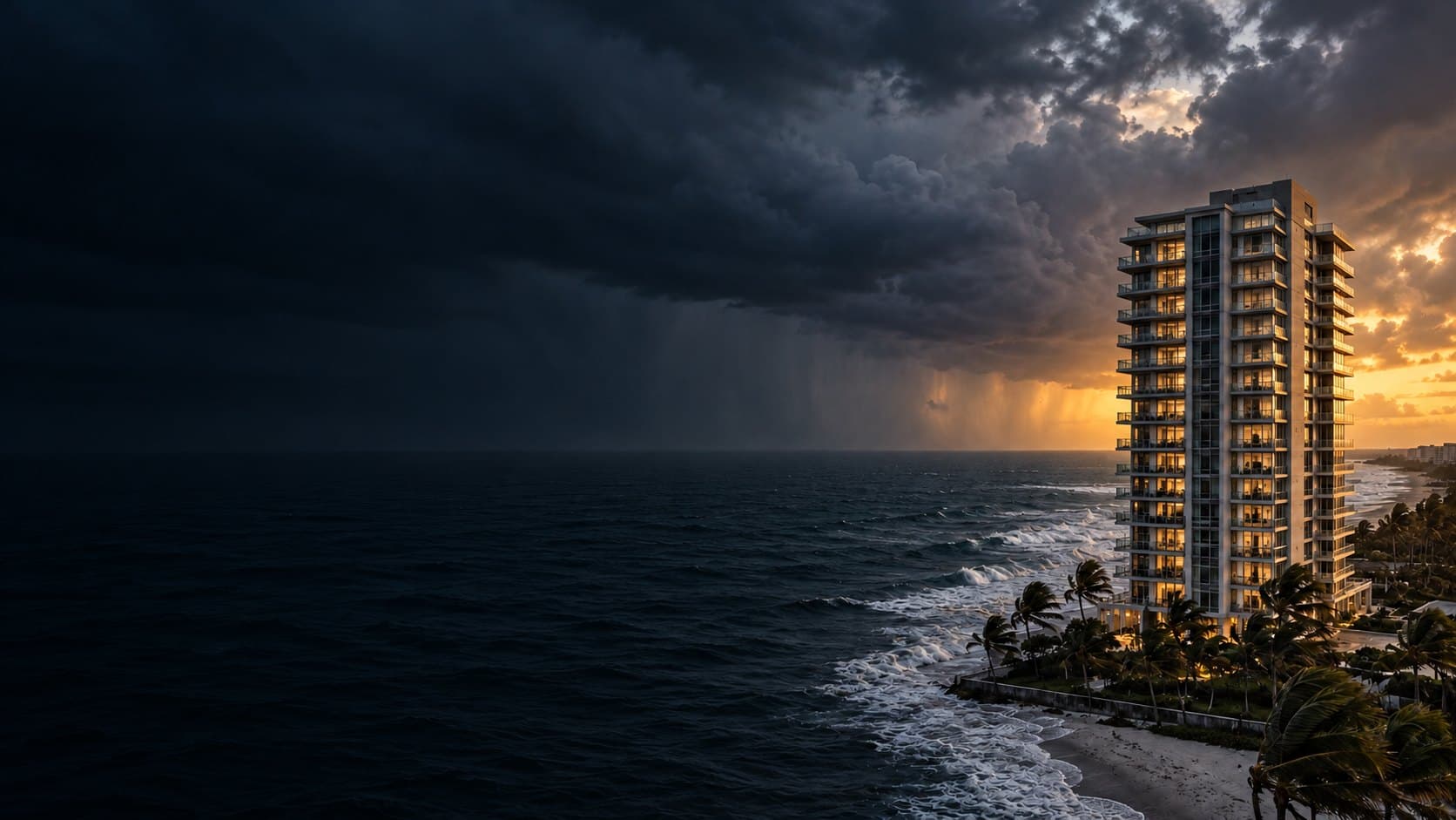 A beachfront condominium tower as hurricane rain bands roll in at dusk