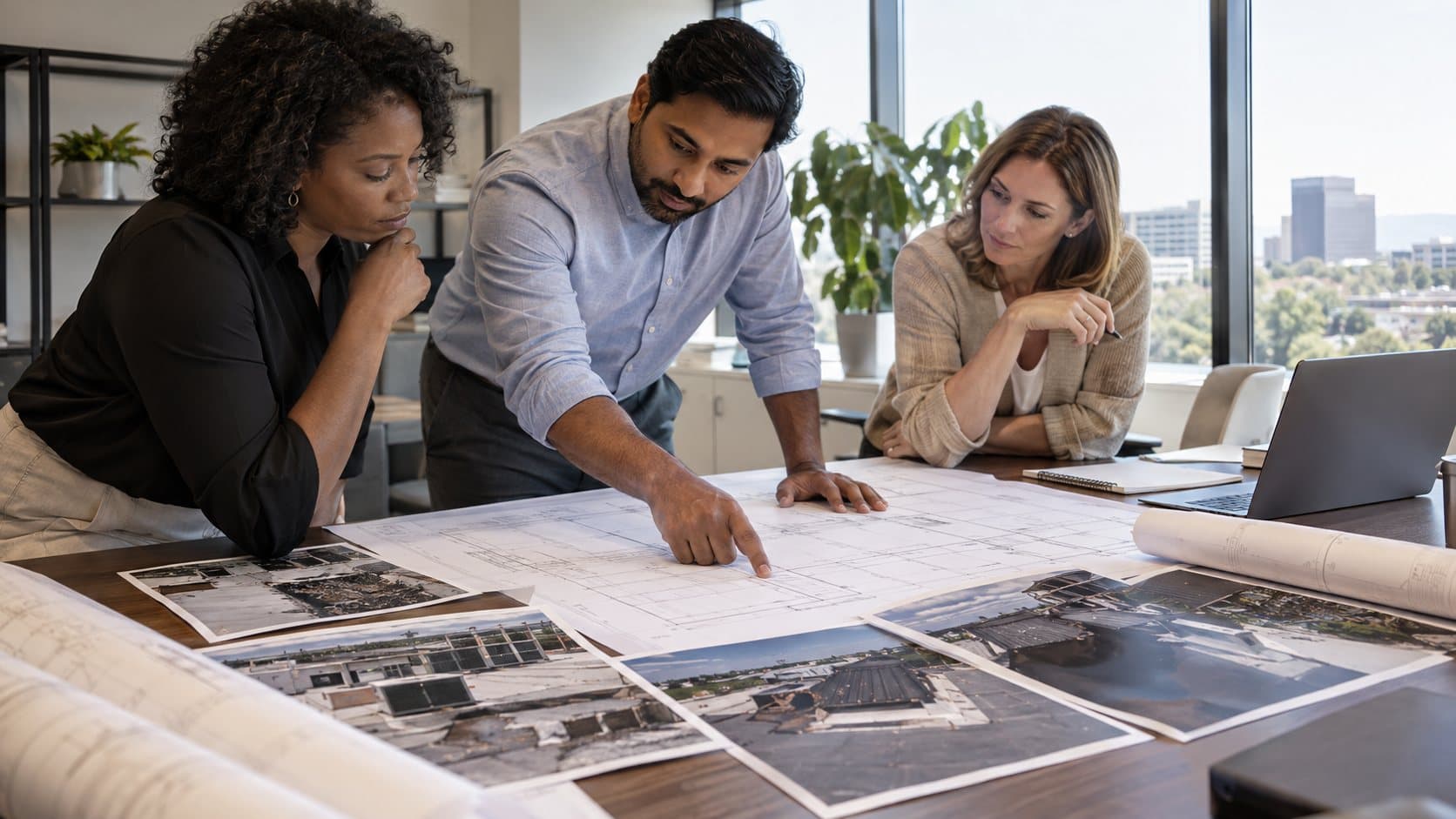 Three consultants reviewing building plans and aerial damage photos on a conference table