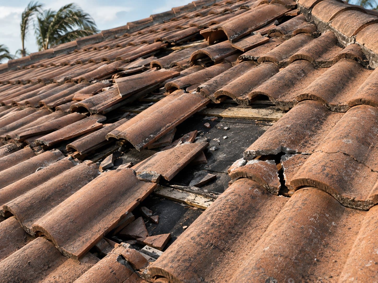 Broken and displaced clay barrel tiles on a Florida roof